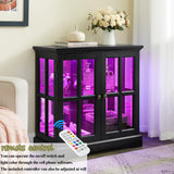 TRJQBCC 30" Glass Curio Display Storage Cabinet with LED Light, Modern 2 Lattice Doors Tableware Display Sideboard w/Adjustable Shelves, Retro Design Quality Showcase Bookcase for Home (Black) TRJQBCC