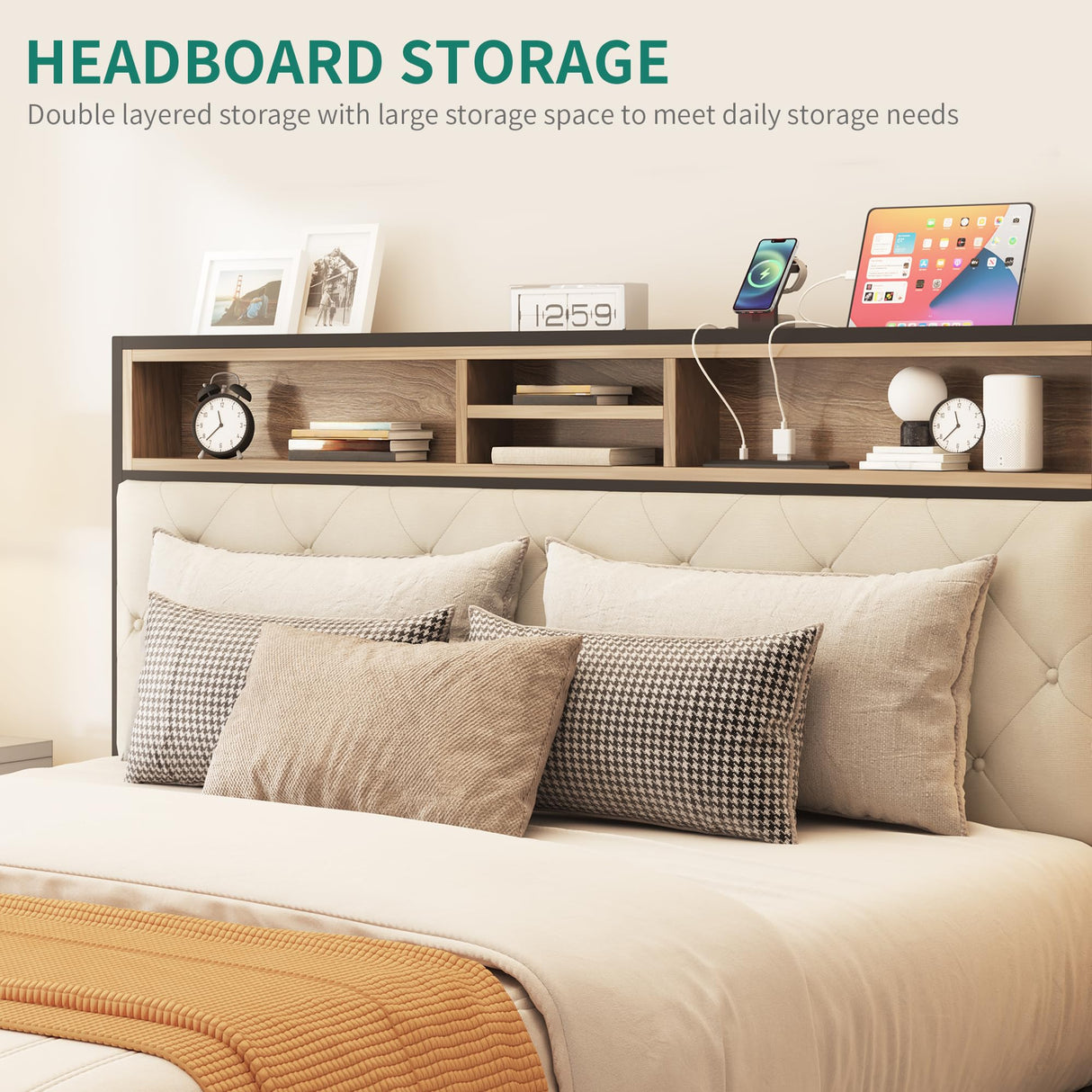 YITAHOME Queen Size Bed Frame, Platform Bed Frame with Charging Station, Upholstered Storage Headboard & Footboard Metal Slats Supports Mattress Foundation, No Box Spring Needed, Beige(No Drawers) YITAHOME