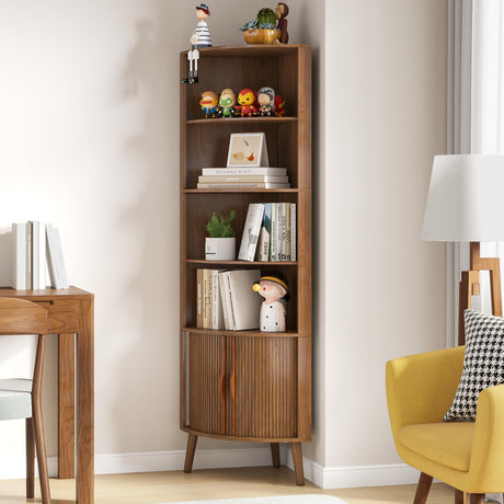 Limaoaio 5-Tier Corner Shelf, 66.73''Tall Modern Corner Bookshelf, 5 Shelf Bookcase with 2 Fluted Doors, Freestanding Wood Corner Display Storage Shelf Organizer for Living Room, Office (Walnut) Limaoaio