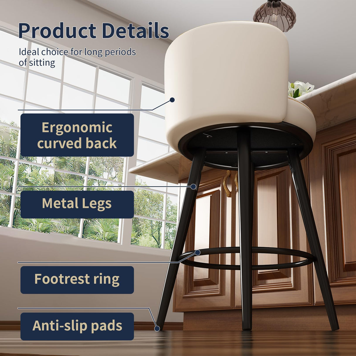 HONIFUR Bar Stools Set of 4, 27 Inch Barstools with Sturdy Legs, Leather Farmhouse Counter Height Bar Stool for Kitchen, Dining, Bar (Beige, Leather) HONIFUR