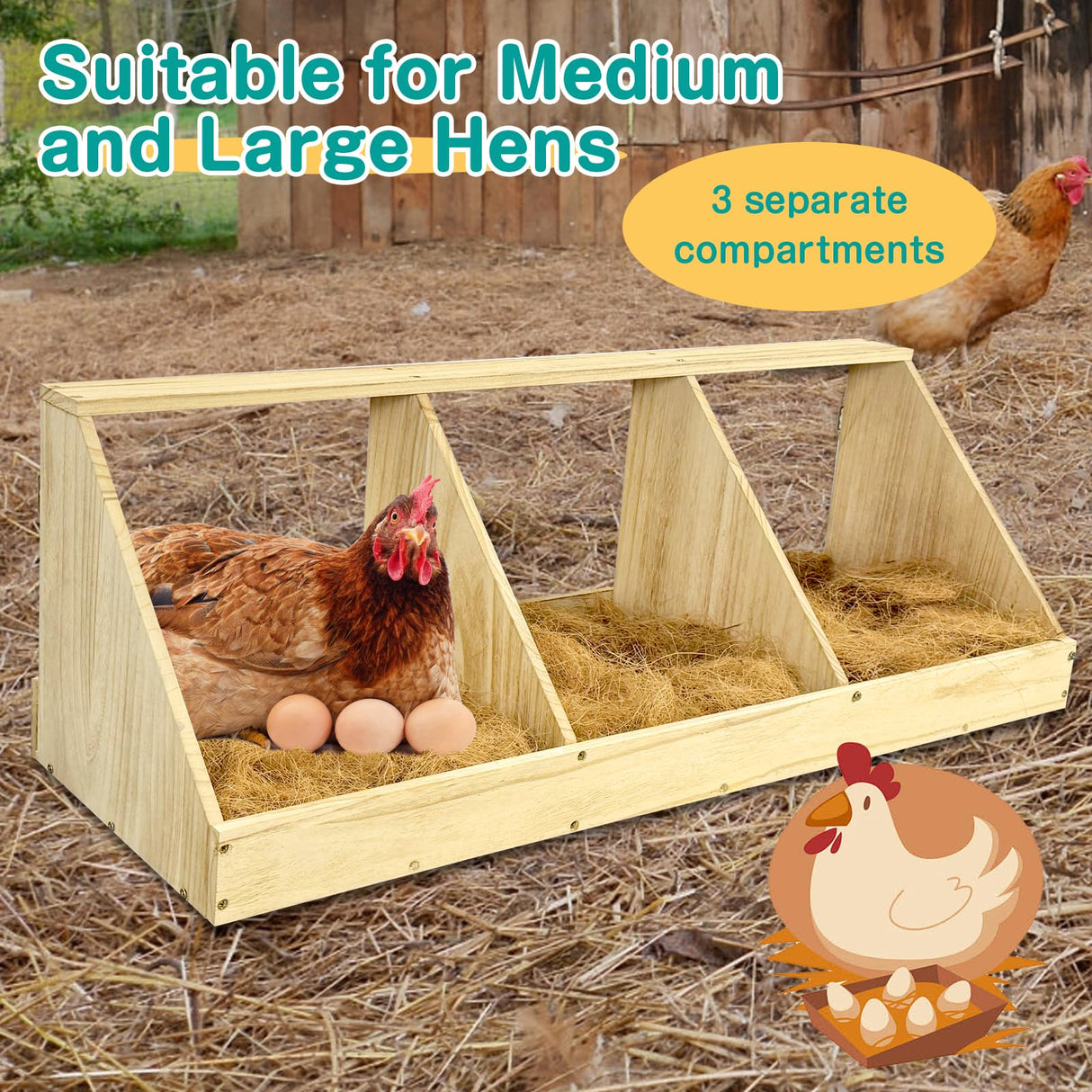 Chicken Nesting Boxes, 3 Compartment Wooden Chicken Laying Boxes, Nesting Boxes for Chickens, Hens, Ducks, Poultry Nest Box for Laying Eggs, (Includes 3 Fake Eggs, 3 Nest Box Pads) Nalwort