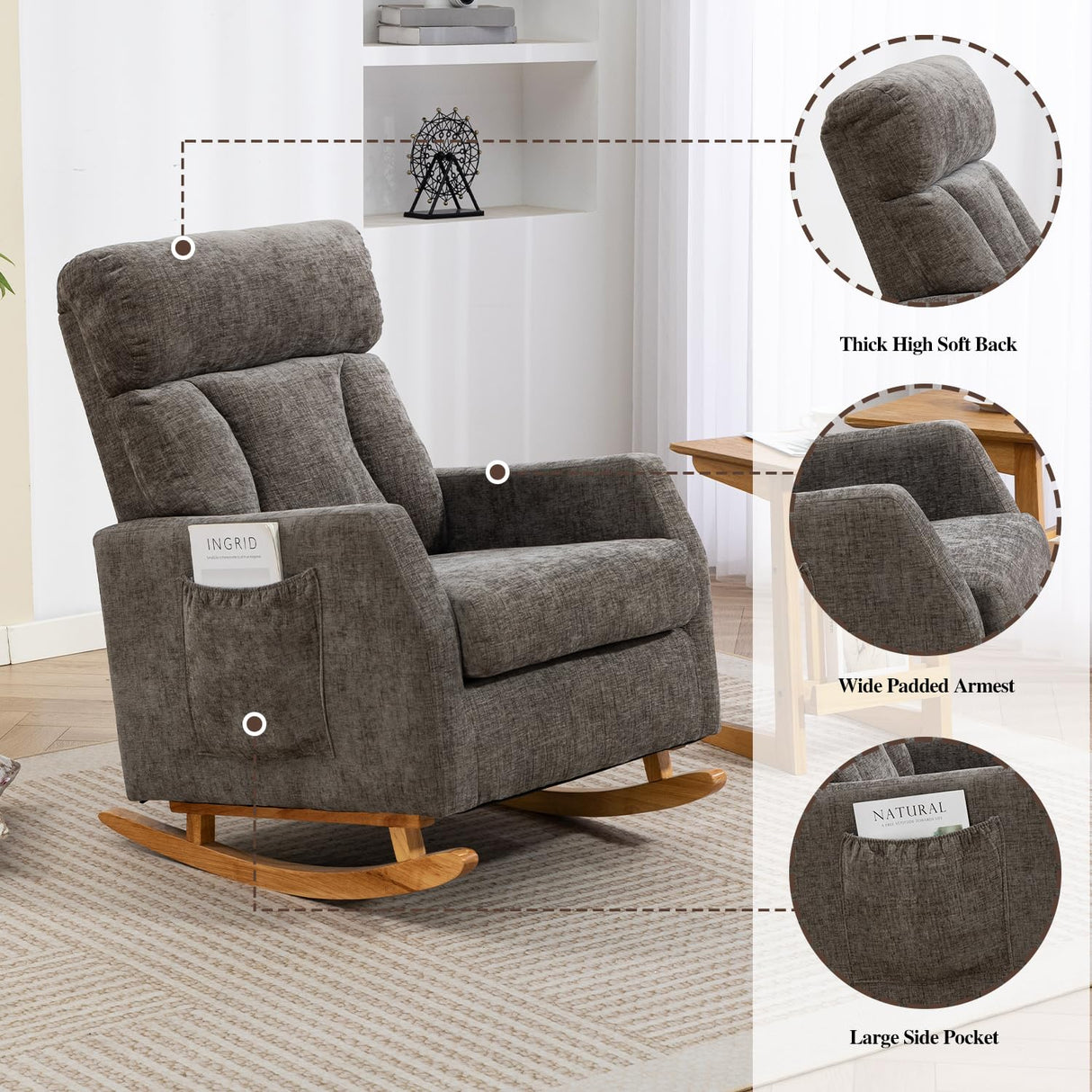 UVV Rocking Chair with Retractable Phone Holder - Modern Glider Recliner Armchair, Wood Legs & Side Pocket, High Back Nursery Accent Chair for Living Room, Bedroom, Gray UVV