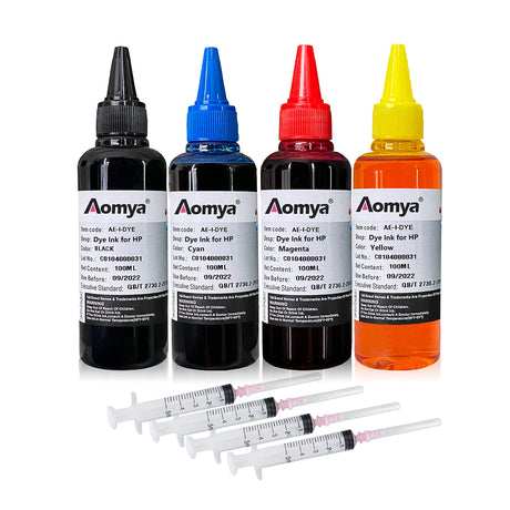 Aomya Ink Refill Kit 100ml for HP 67 61 65 60 62 63 910 920 901 902 932 933 934 940 952 94 95 96 Inkjet Printer Cartridges Refillable Ink Cartridges CIS CISS System 4 Color Set with 4 Syringes Aomya
