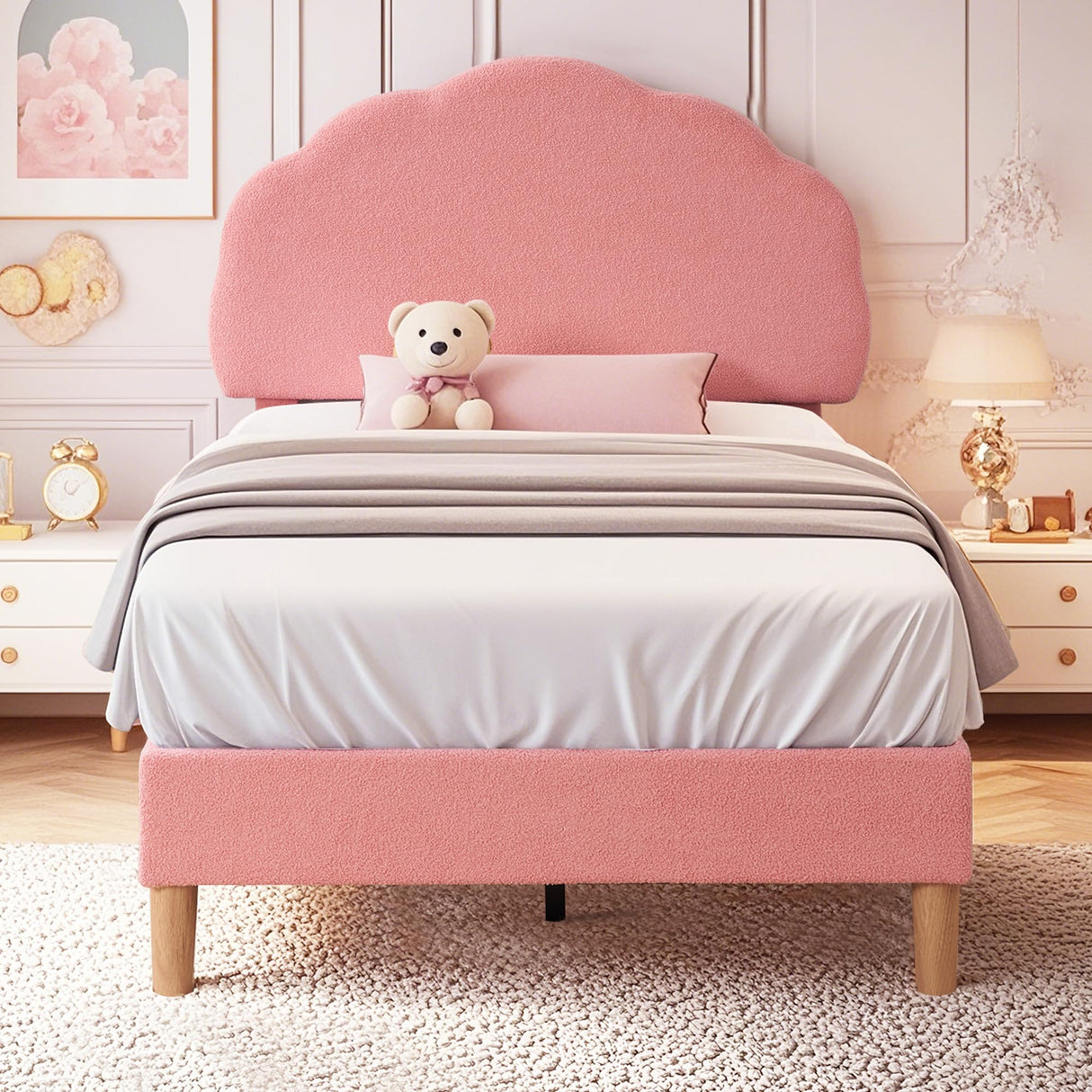 VECELO Twin Size Bed Frame, Upholstered Platform Bedframe with Height Adjustable Plush Fabric Headboard, Strong Wood Slat Supports, No Box Spring Needed, Pink VECELO