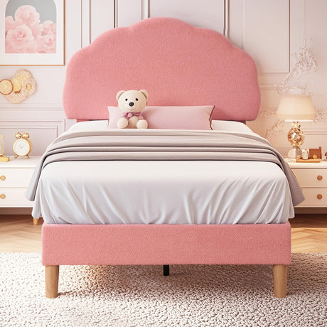 VECELO Twin Size Bed Frame, Upholstered Platform Bedframe with Height Adjustable Plush Fabric Headboard, Strong Wood Slat Supports, No Box Spring Needed, Pink VECELO