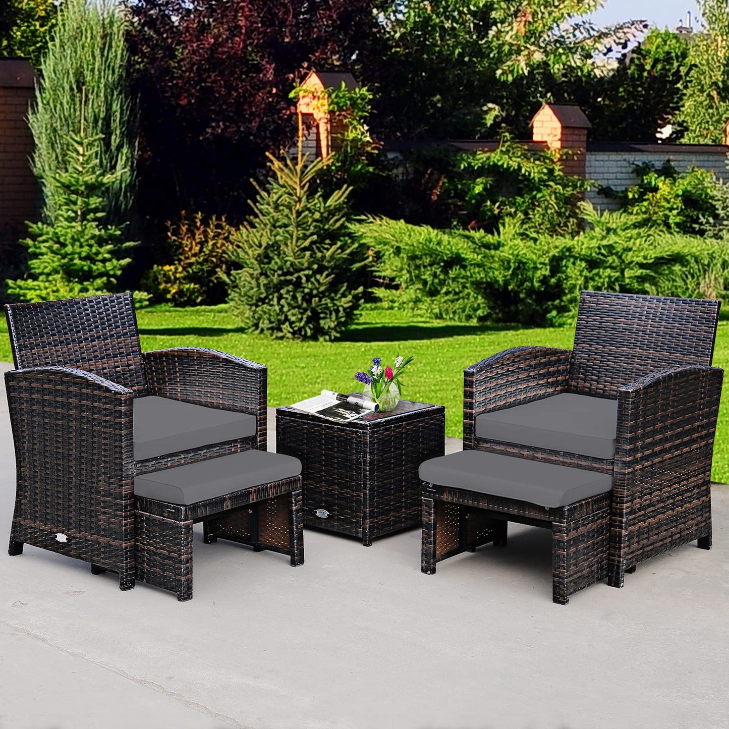 COSTWAY 5PCS Patio Rattan Wicker Furniture Set Sofa Ottoman Cushion Gray - WoodArtSupply