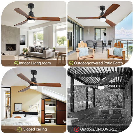 CACI Mall 52" Wood Ceiling Fan with Lights,Walnut,Remote Control, Outdoor，3 Blades, 35w Quiet Reversible DC Motor 18w Dimmable LED 5032 CFM for Living Room, Bedroom, Patio, Porch CACI Mall