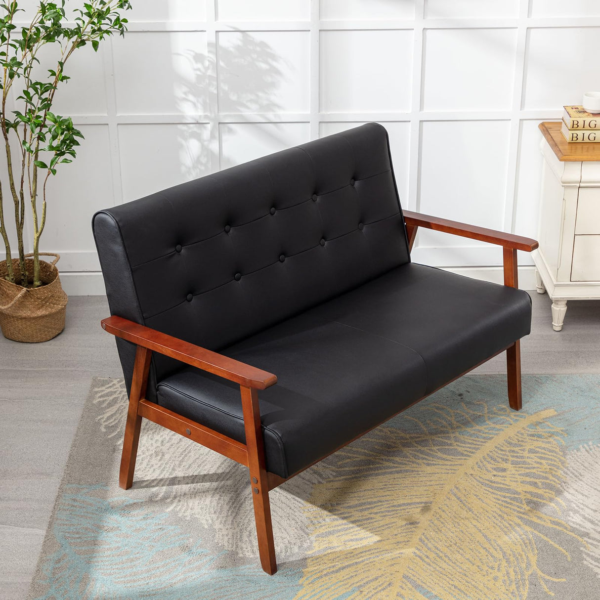 JIASTING Mid-Century Modern Solid Loveseat Sofa Upholstered Faux Leather Couch 2-Seat Wood Armchair Living Room/Outdoor Lounge Chair, Waiting Room Sofa, 50”W JIASTING