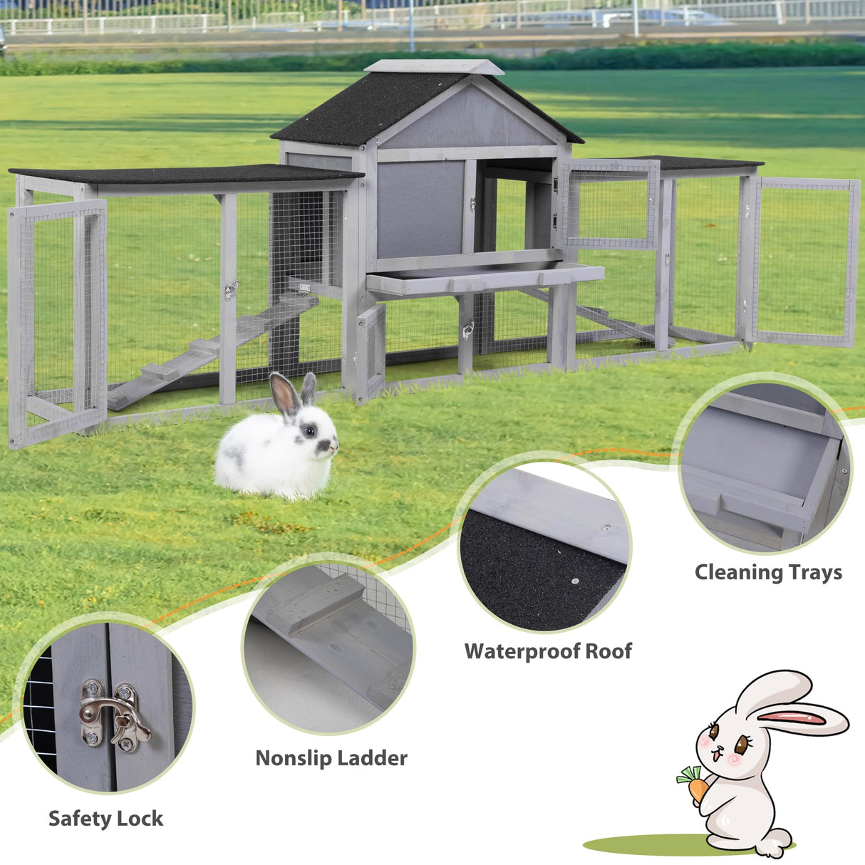 COZIWOW 82inches Extra Large Wood Rabbit Hutch Outdoor Easy to Assemble and Stable Bunny Cage Bunny Hutch Indoor with Cleaning Tray & Waterproof Roof for Small and Medium Bunny Rabbit Chick (Grey) COZIWOW