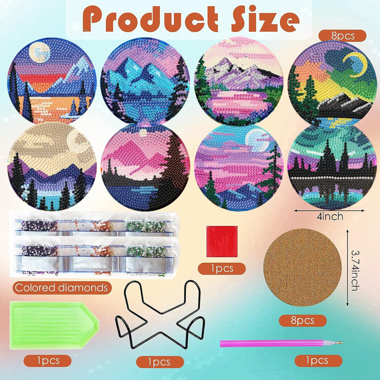 ijbnhd Sunsets Diamond Painting Coasters Kits, 8 Pieces Sunsets Diamond Art Coasters with Holder, DIY Art kit for Beginners 4X4inch (Cork Wooden Pad) ijbnhd