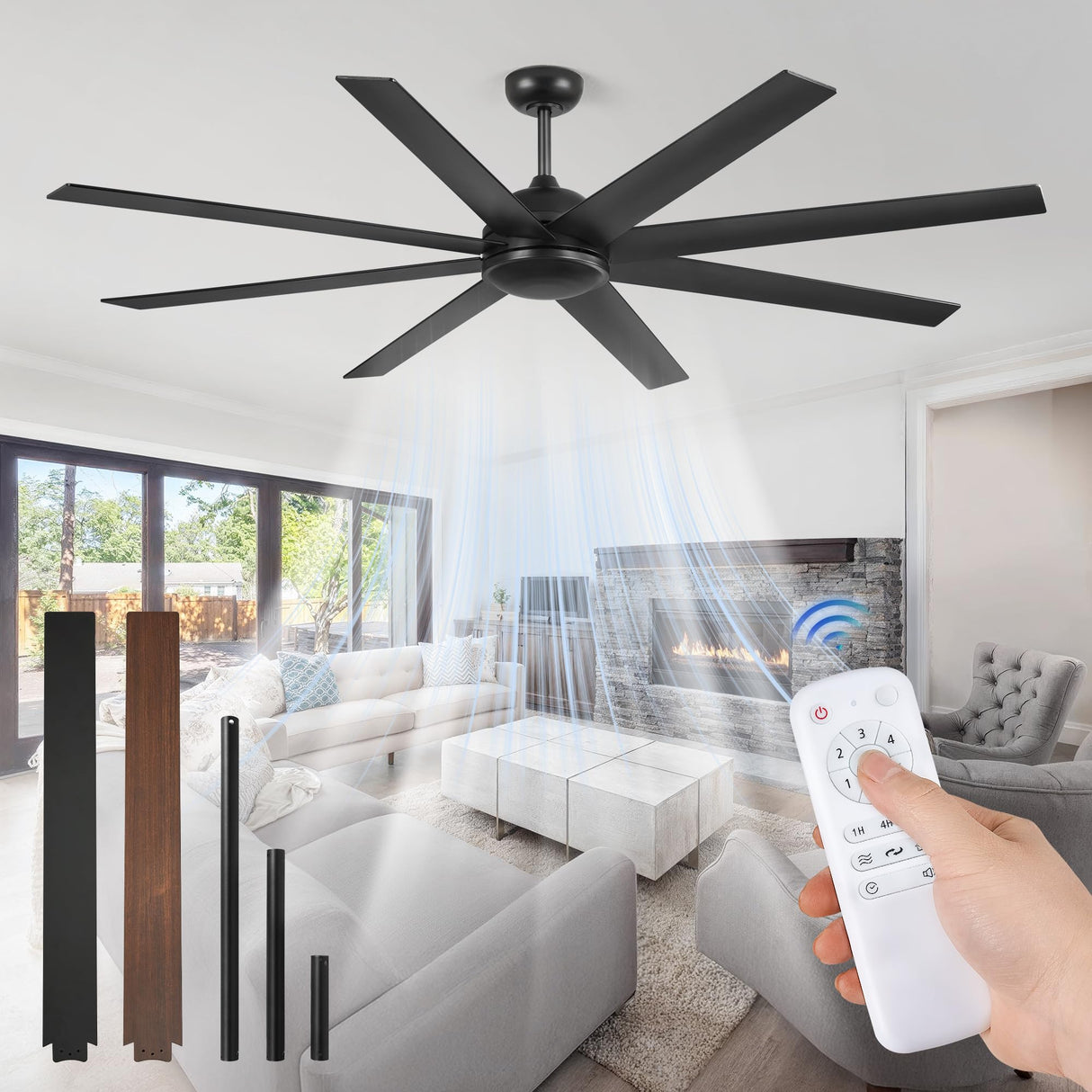 72 Inch Ceiling Fan no Light, Black Ceiling Fan with Remote, 6-Speeds, Quiet Reversible DC Motor, Industrial Ceiling Fans without Lights for Living Room, Garage, Patio, Indoor/Outdoor Use Fanbulous