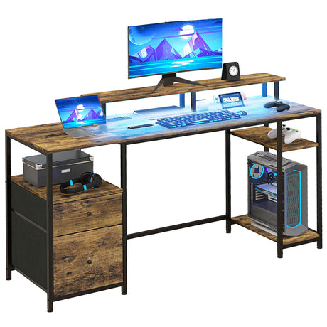 HOMCOM 61" Computer Desk with LED Lights, Power Outlets, and USB Ports, Gaming Desk with Storage Shelves, Monitor Stand, Fabric Drawers & Remote for Home Office Study, Rustic Brown HOMCOM