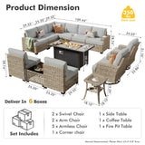 HOOOWOOO Outdoor Sectional Patio Furniture Set with Fire Pit Table,13 Pieces Wicker Conversation Sets L Shaped Couch,Extra Deep Out Door Sofa Outside Furniture with Swivel Chairs,Light Gray HOOOWOOO