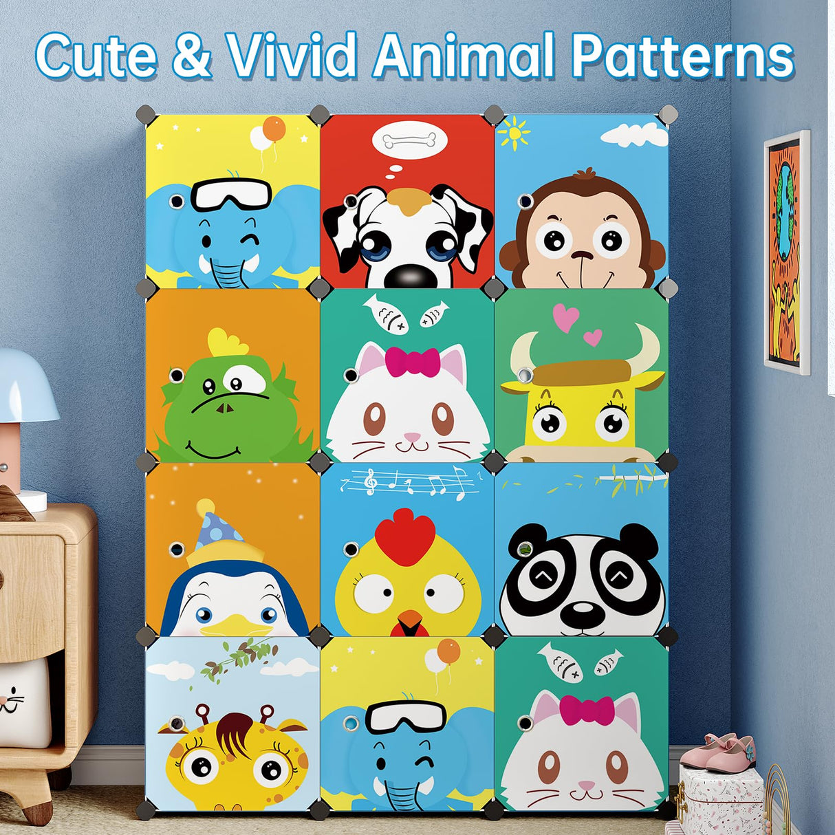 MAGINELS Kids Closet,Baby Wardrobe Closet with Door,Cute Portable Armoire Dresser,Clothes Hanging Storage Rack for Boy Bedroom,Blue,12 Cube(14x14inch) MAGINELS