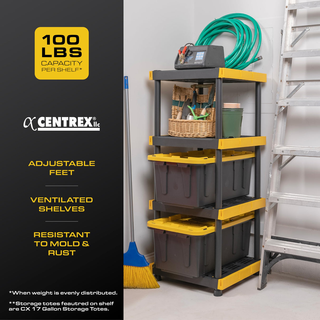 BLACK & YELLOW 4-Tier Heavy Duty Plastic Storage Shelving Unit, 100lbs/shelf (55" x 24" x 20"), for Indoor/Outdoor Organization, Modular Rack, Extremely Durable, Made in The USA [2 Pack] BLACK & YELLOW