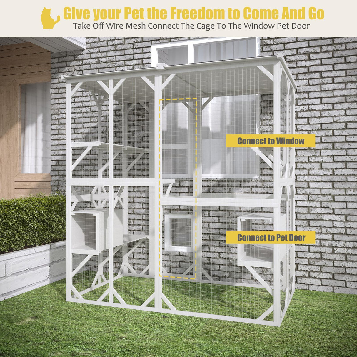 ROOMTEC Outdoor Catio with Roof 71.3" Height Large Wooden Cat Enclosure with 3 Jumping Platforms and 2 Napping Houses Cat Cage for Cat Activity (White) ROOMTEC