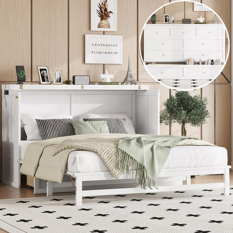 DNChuan Queen Size Murphy Cabinet Bed with Storage Drawer,Foldable Murphy Chest Dresser Bed with Charging Station,Space-Saving for Home Office,Guest Room-White DNChuan