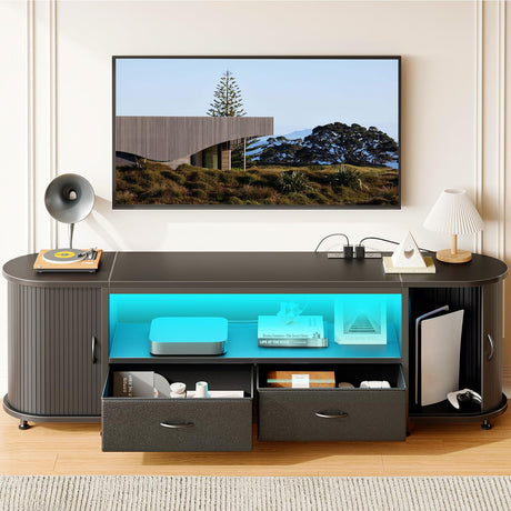 Rolanstar TV Stand for 55 60 inch TV, Entertainment Center with Power Outlet and LED, 2 Fabric Drawers TV Console with 2 Cabinet, Open Shelf, Sliding Door, Media Console for Bedroom/Living Room Rolanstar