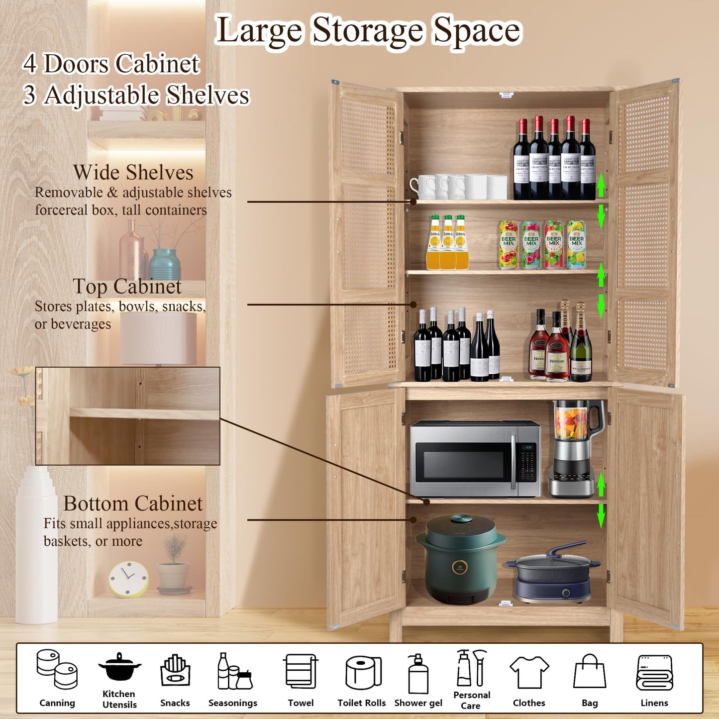 MISHAO 71" Kitchen Pantry Storage Cabinet, Tall Storage Cabinet with Rattan Doors & Adjustable Shelves, Freestanding Cupboard Wood Pantry for Kitchen, Living Room, Dining Room Hallway, Natura - WoodArtSupply