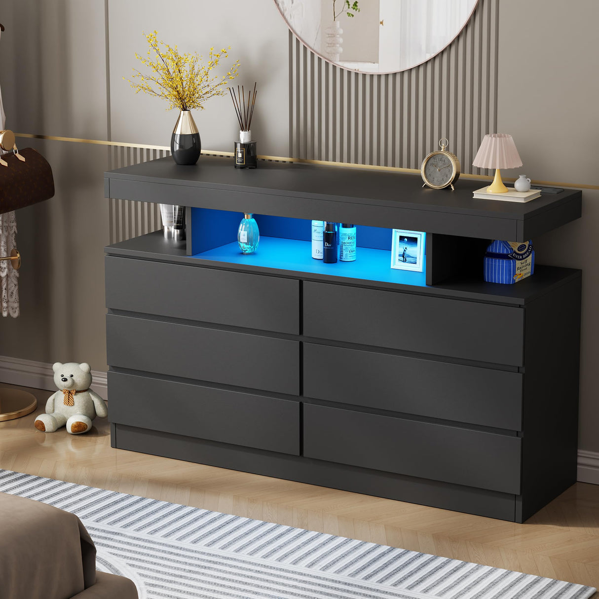BEWISHOME Black Dresser for Bedroom with Charging Station and LED Lights, 6 Drawer Dresser Chests of Drawers, Wood Dressers for Closet, Modern Wide Dressers with Open Space, TV Stand, Black KCG02B BEWISHOME