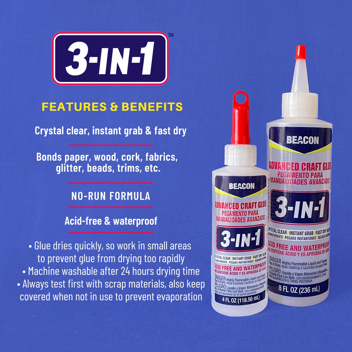 BEACON 3-in-1 Advanced Craft Glue - Fast-Drying, Crystal Clear Adhesive for Wood, Ceramics, Fabrics, and More, 8-Ounce Beacon