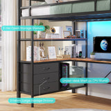 DICTAC Loft Bed Full Size with L-Shaped Desk and Charging Station Full Metal Bed Frame with LED Lights,Open Shelves and 3 Fabric Storage Drawers,Loft Beds with Top Bunk -Safety Guard & Stairs,Black DICTAC