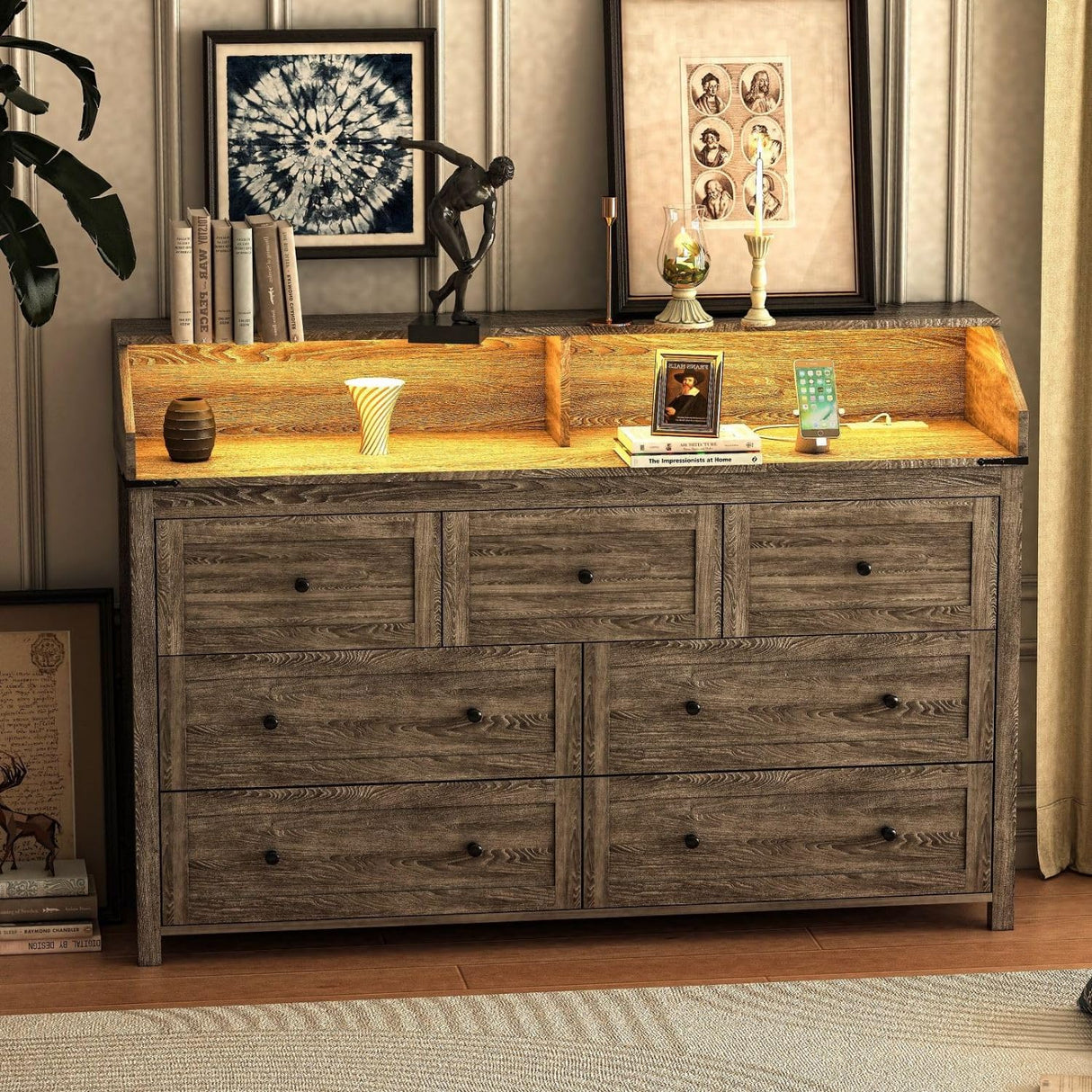 GlouMod Farmhouse 7 Drawers Dresser for Bedroom，Wooden Dresser with LED Light & Power Outlet, Tall Dresser Wide Chests of Drawers, Storage Organizer for Living Roon, Entryway, Closet, Gray Dresser GlouMod