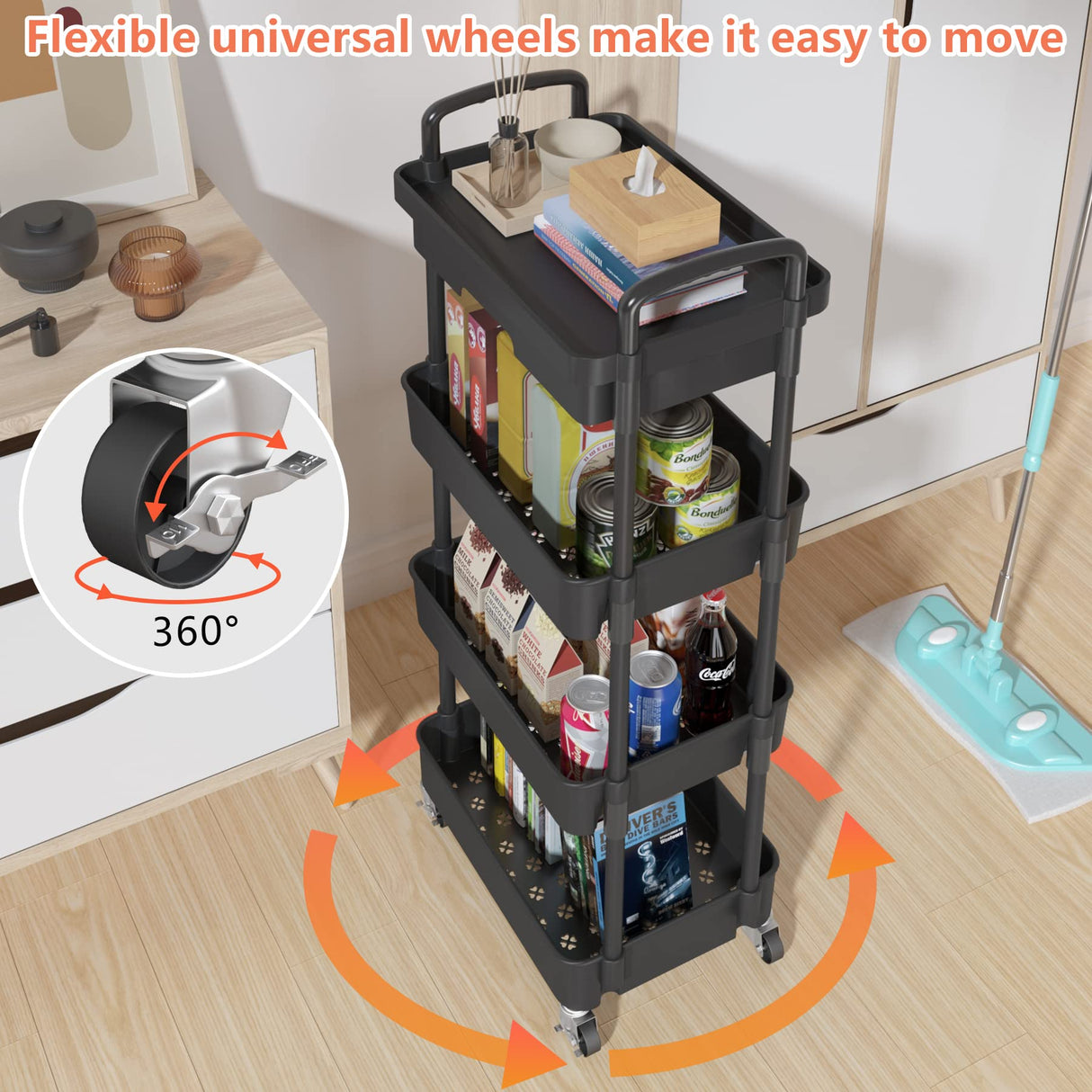 Calmootey 4-Tier Rolling Utility Cart with Drawer,Multifunctional Storage Organizer with Plastic Shelf & Metal Wheel,Storage Cart for Kitchen,Bathroom,Living Room,Office,Black Calmootey