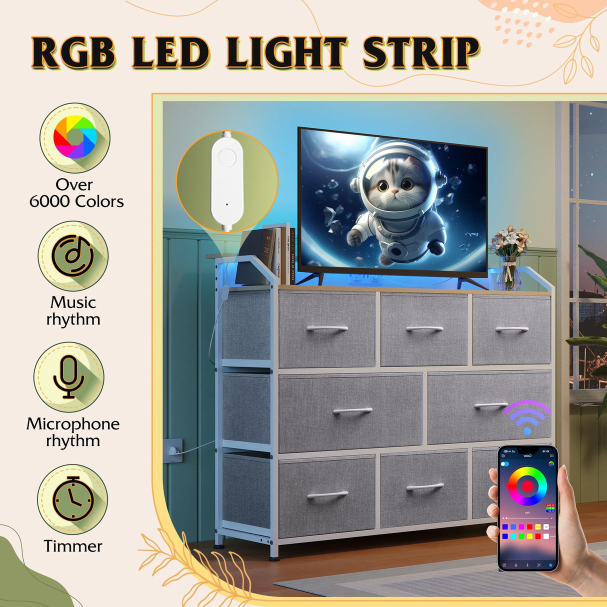 WLIVE Dresser TV Stand with Power Outlets, Led Dresser for Bedroom, Fabric Chest of Drawers with Open Shelves, Wood Top, Steel Frame, 6 Drawer Dressers for Closet, Living Room, Light Grey WLIVE