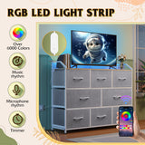 WLIVE Dresser TV Stand with Power Outlets, Led Dresser for Bedroom, Fabric Chest of Drawers with Open Shelves, Wood Top, Steel Frame, 6 Drawer Dressers for Closet, Living Room, Light Grey WLIVE