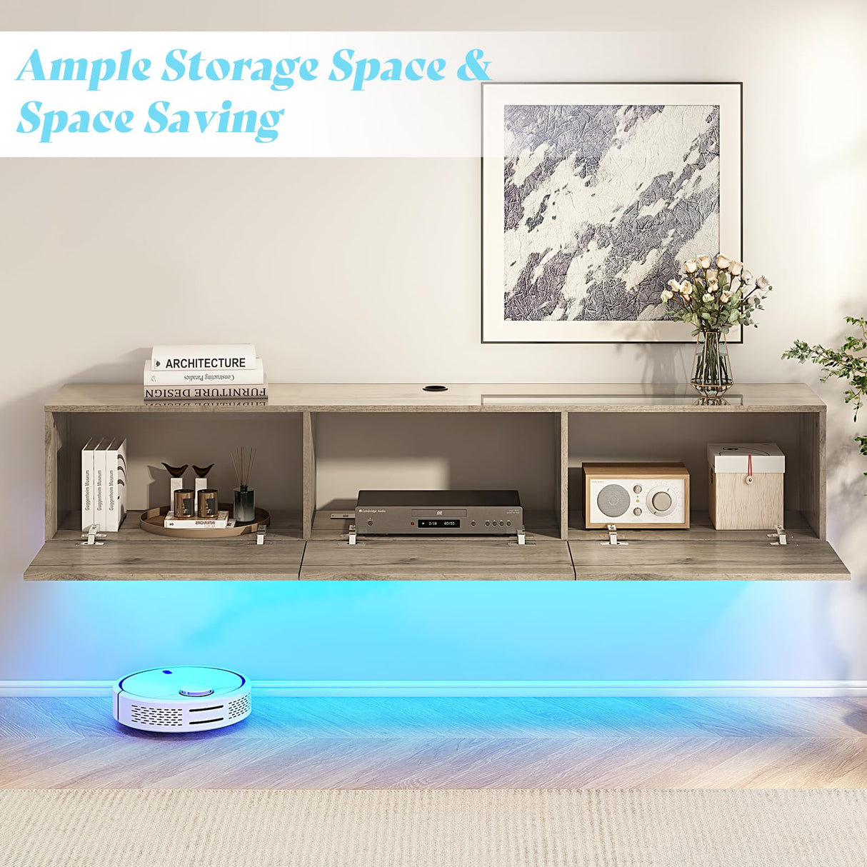 AMERLIFE Floating TV Stand with LED Lights and Power Outlet, 70in High Gloss Wooden Texture Wall Mounted Media Console, Entertainment Center for TVs Up to 80", Grey AMERLIFE