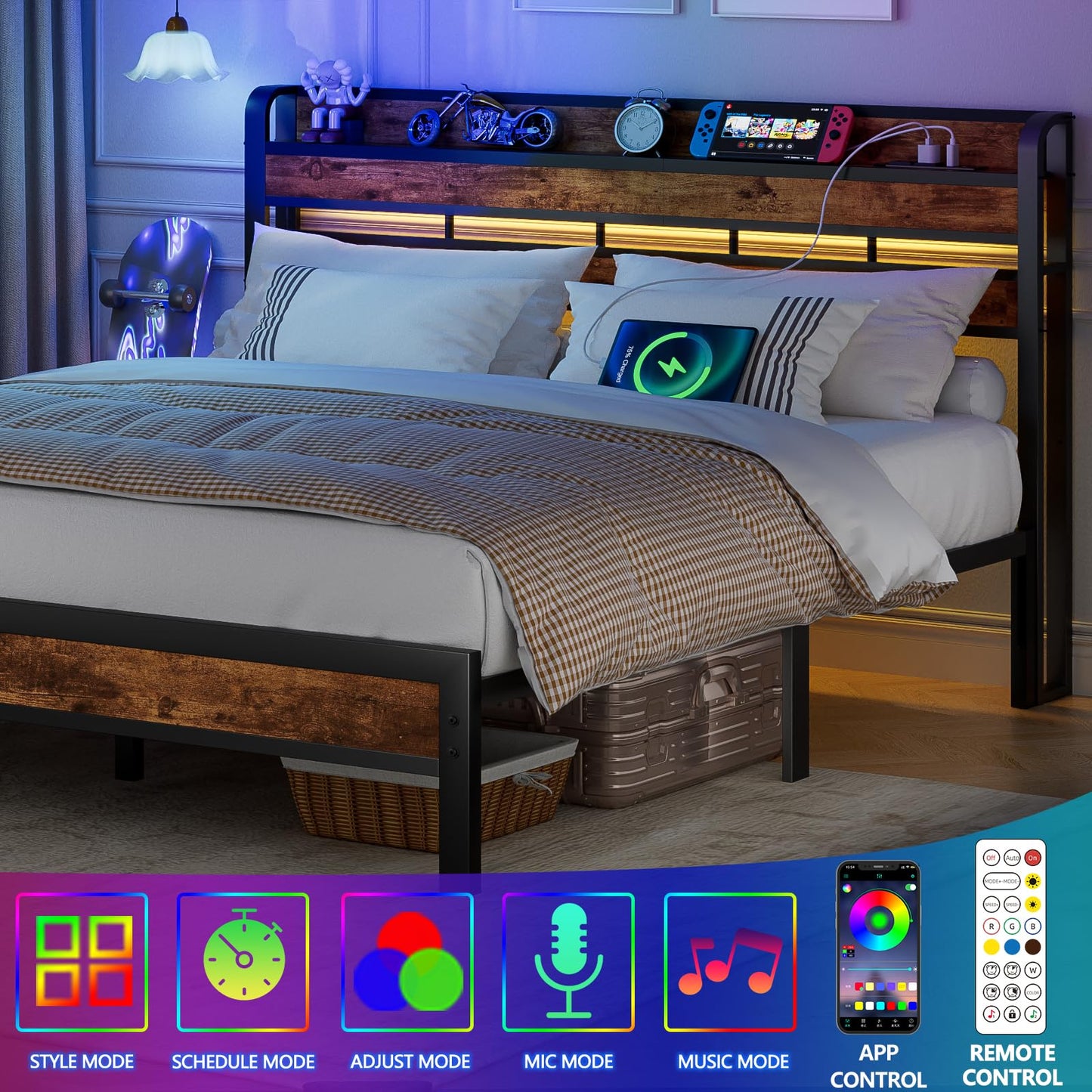 Furnulem Rustic Brown King Headboard with RGB LED, USB Charging Station, and Storage Shelf - WoodArtSupply