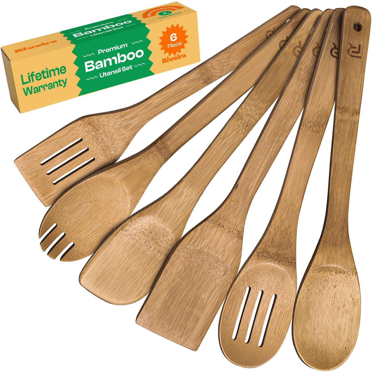 Riveira Dark Bamboo Wooden Spoons for Cooking 6-Piece, Apartment Essentials Wood Spatula Spoon Nonstick Kitchen Utensil Set Premium Quality Housewarming Gifts for Everyday Use Riveira