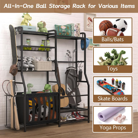 Faesun Garage Sports Equipment Organizer, Golf Bag Storage Rack, Heavy Duty Ball Holder with Basket & Hooks, Indoor/Outdoor Basketball Storage Bins for Toy Sports Gear Storage Faesun