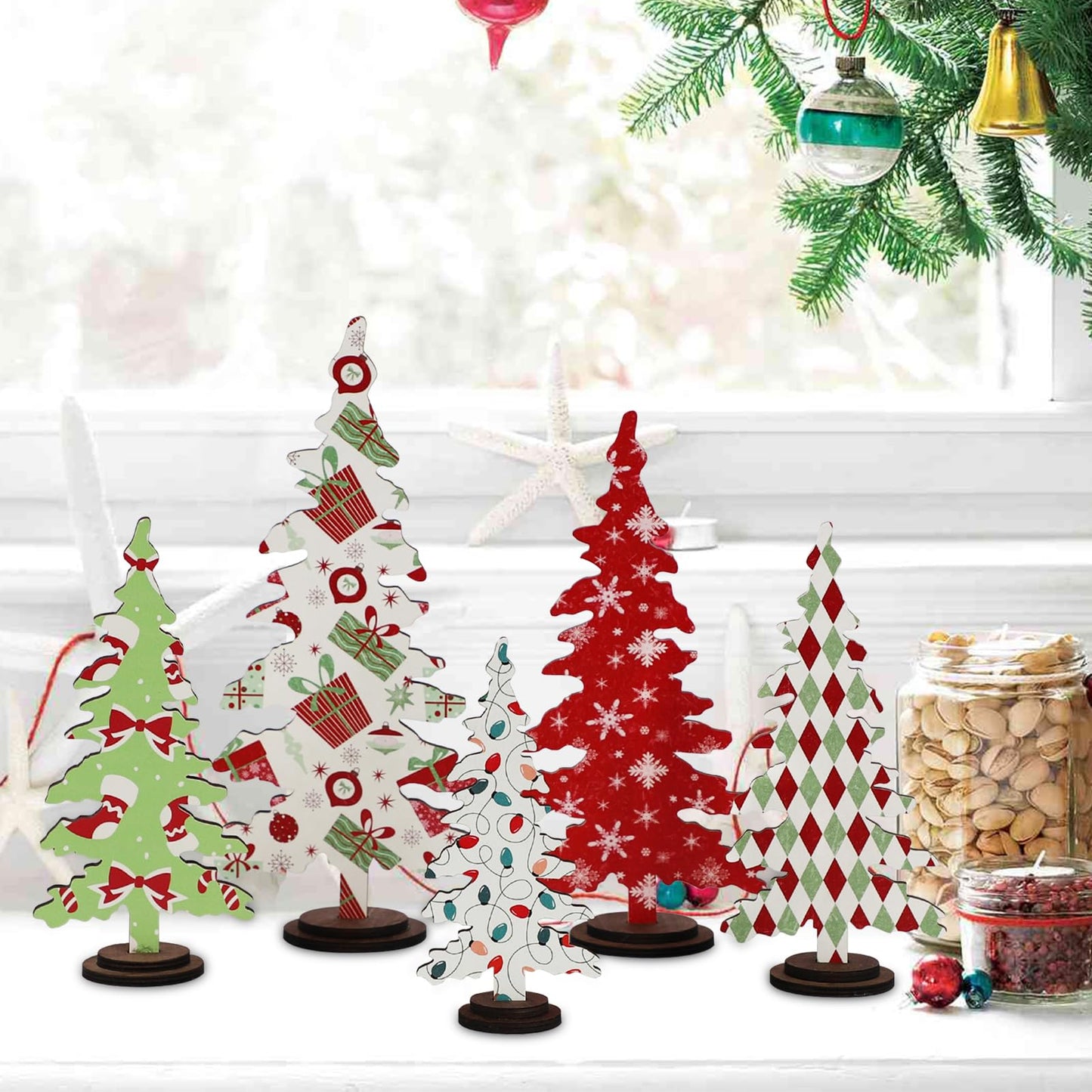 DAZONGE Christmas Decorations - 5PCS Wooden Christmas Tree Tabletop Decor Sign - Rustic Decorative Freestanding Christmas Tree Centerpiece for Home Shelf Mantel