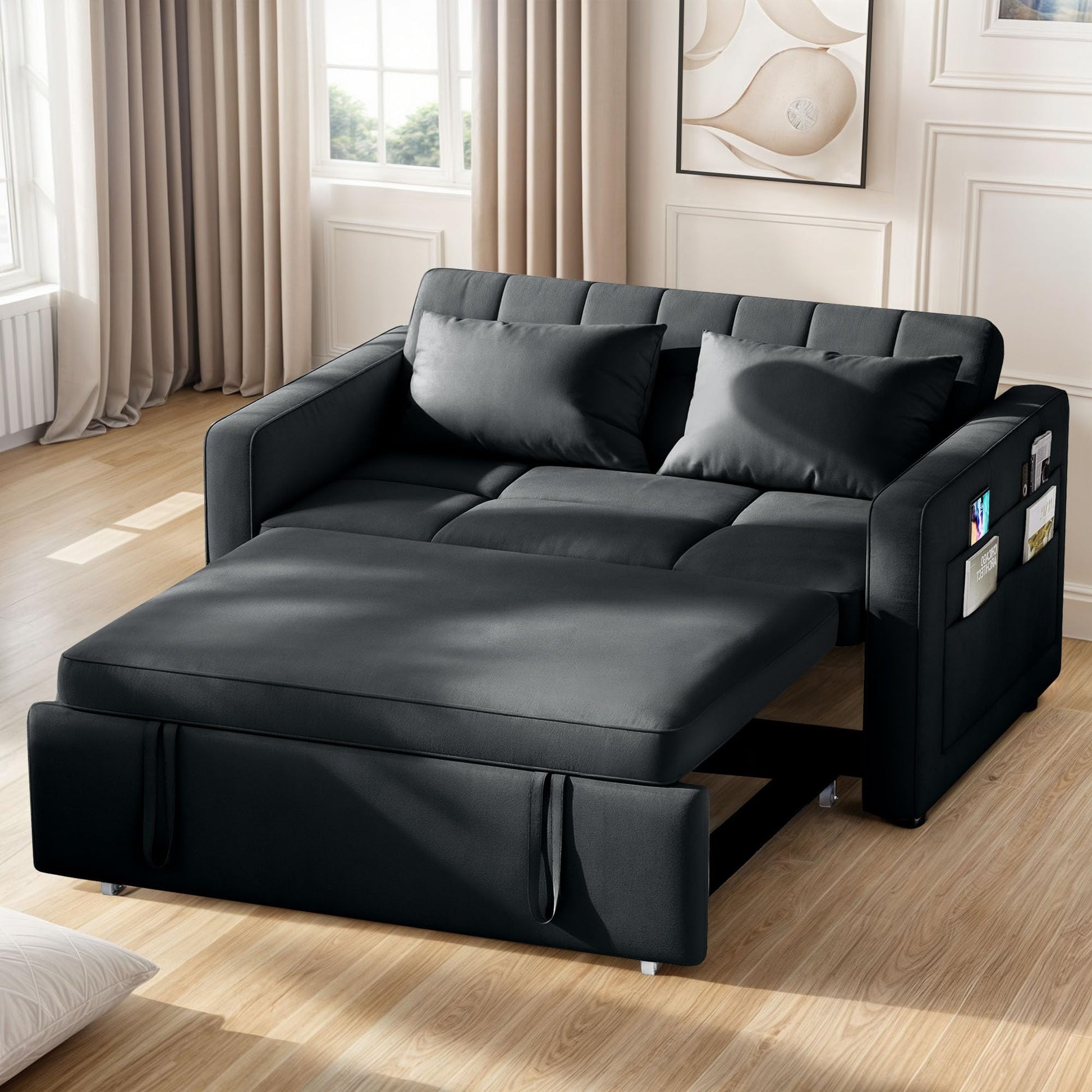 YITAHOME 55" Convertible Sofa Bed, 3-in-1 Sleeper Sofa with Pull-Out Bed, Velvet Futon Couch with Reclining Backrest and Side Pocket, Modern Loveseat for Living Room, Black, Full Size - WoodArtSupply