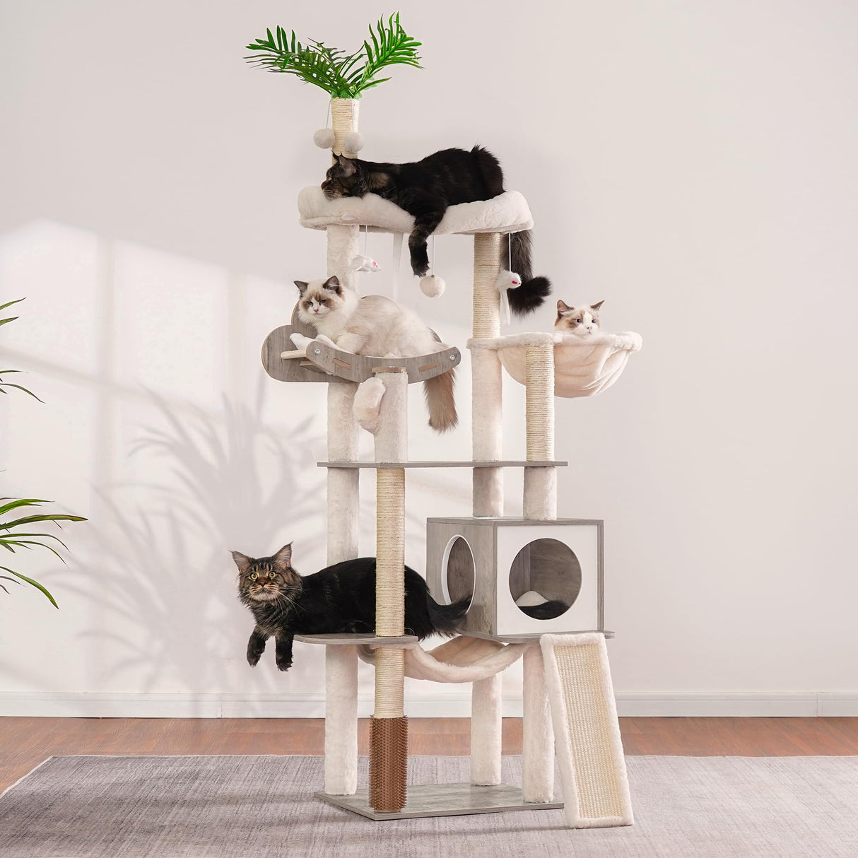 Hebly Wood Cat Tree for Indoor Cats, Cat Condo for Large Cats with Self Groomer,Modern Cat Scratching Tower with Basket,Hammock,Dangling Ball and Leaves,Rustic Gray HCT120SG Heybly