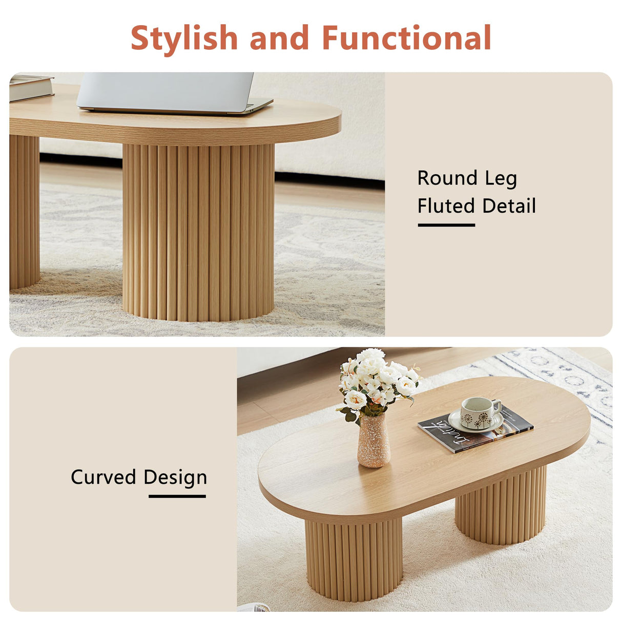 RUSTYER Oval Fluted Coffee Table, Farmhouse Wood Coffee Table Mid Century Modern Center Table Boho Living Room Tables for Living Room Office (Natural, 19.69" D x 39.38" W x 13.78" H) RUSTYER