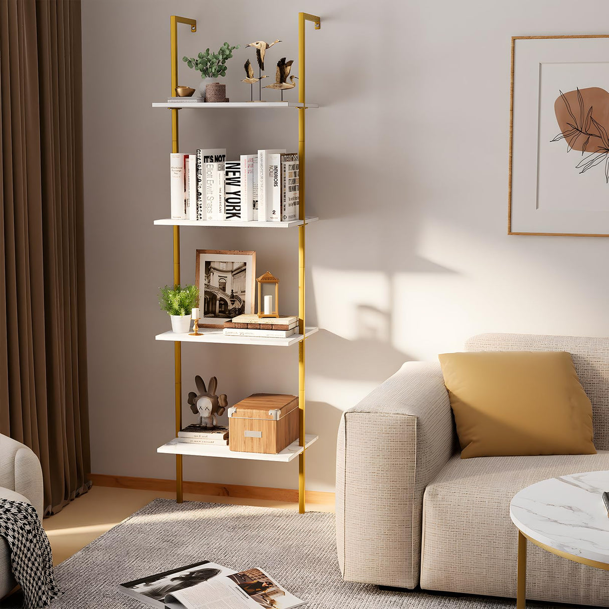 Wolawu Ladder Shelf 4 Tiers Metal Industrial Bookshelf,White Marble Wood Tall Open Storage Rack and Display Shelves,Wall Mount Wide Book Case for Home Office Bedroom,Small Wolawu