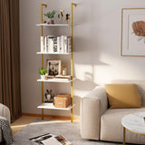 Wolawu Ladder Shelf 4 Tiers Metal Industrial Bookshelf,White Marble Wood Tall Open Storage Rack and Display Shelves,Wall Mount Wide Book Case for Home Office Bedroom,Small Wolawu