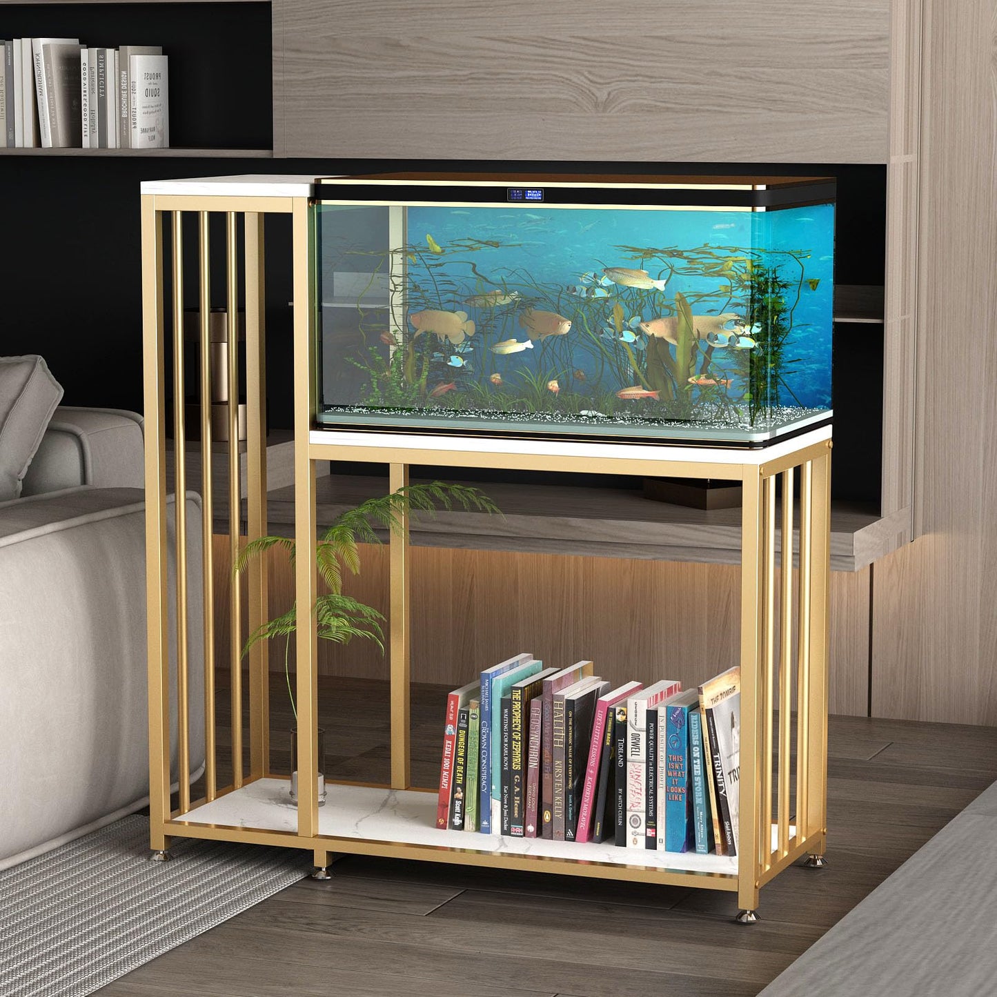 WOULHOMY 29 Gallon Fish Tank Stand, Metal Aquarium Stand with Shelves for Fish Tank Accessories Storage, Reptile Tank Turtle Terrariums Stand for Home Office (Gold) - WoodArtSupply