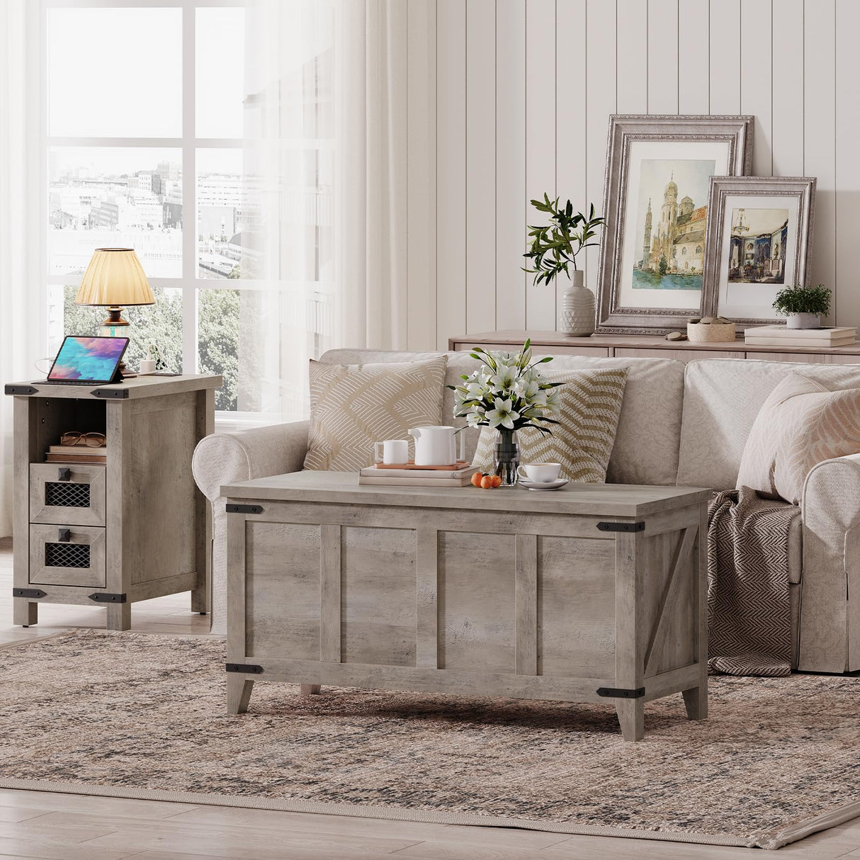 HOOBRO Farmhouse Storage Chest, 47.2" Storage Bench with Geometric Style Front, Toy Chest with Metal Accents and Lift Top, Toy Box Organizer, Sturdy Base, for Living Room, Greige BG124CW01 HOOBRO