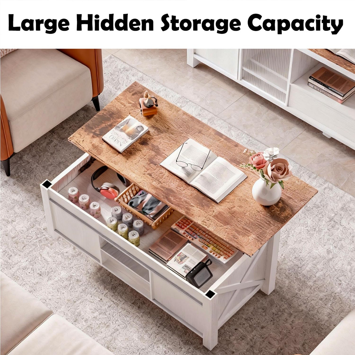 Cakhdry Lift Top Coffee Table with Storage, 47" Farmhouse Coffee Tables with Sliding Barn Door and Lift Tabletop Wooden Rectangle Center Table for Living Room, White Cakhdry