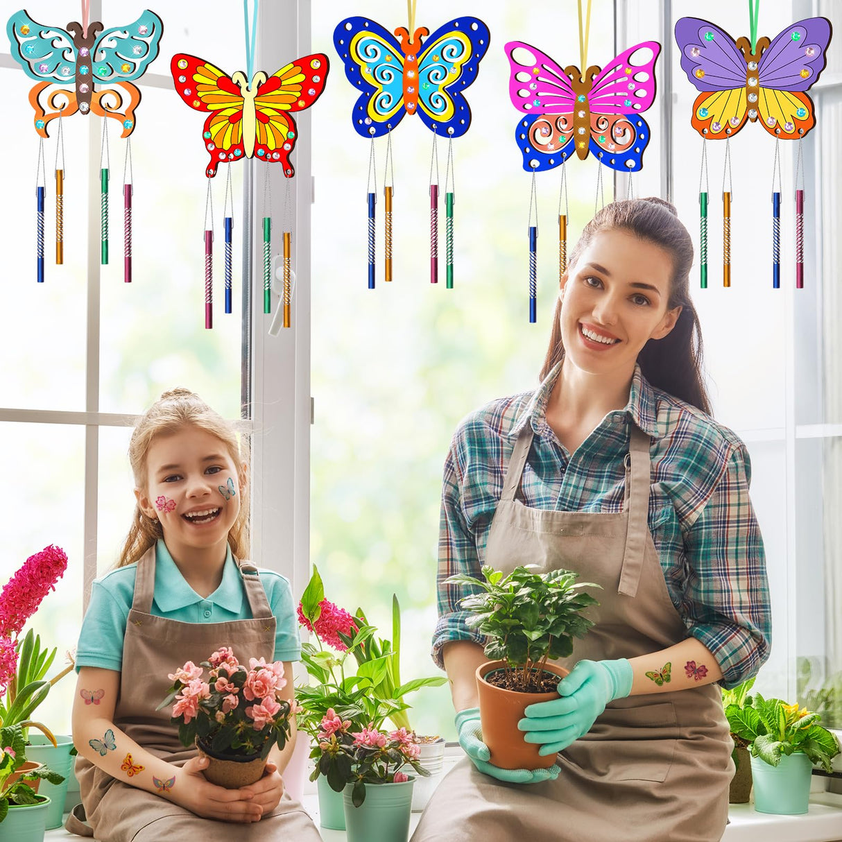 TREACLUB 10 Pack Butterfly Wind Chime Kit for Kids Make Your Own Butterfly Wind Chime Wooden Crafts DIY Make a Wind Chime Kit DIY Coloring Butterfly Ornaments for Girls Boys TREACLUB