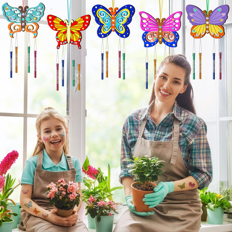TREACLUB 10 Pack Butterfly Wind Chime Kit for Kids Make Your Own Butterfly Wind Chime Wooden Crafts DIY Make a Wind Chime Kit DIY Coloring Butterfly Ornaments for Girls Boys TREACLUB