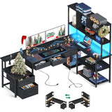 AODK 71 inch L Shaped Desk with File Drawers, Reversible L Shaped Gaming Desk with Power Outlets & LED Lights, Computer Desk with Storage Shelves for Home Office, Black AODK