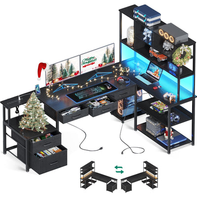 AODK 71 inch L Shaped Desk with File Drawers, Reversible L Shaped Gaming Desk with Power Outlets & LED Lights, Computer Desk with Storage Shelves for Home Office, Black