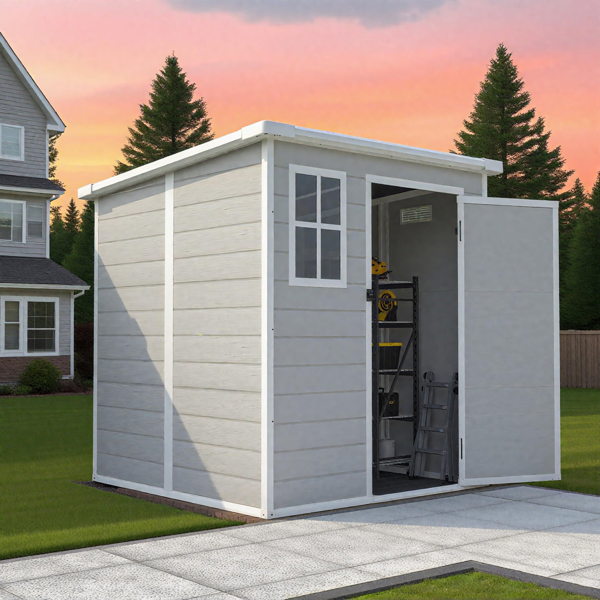 6x6 FT Outdoor Storage Resin Shed with Floor, Plastic Garden Tool Shed with Sloped Roof, Lockable Door & Windows, Easy to Assemble Bike Shed for Lawn, Backyard, Patio, White LINKHOO