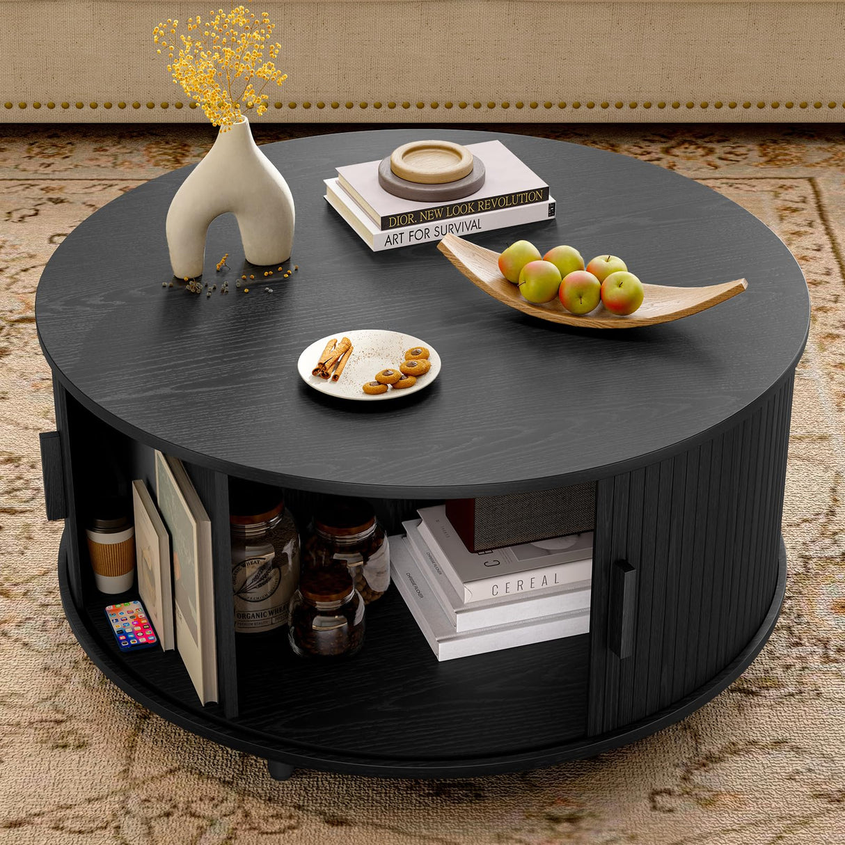 Lefurture 31.5 Inch Round Coffee Table, Mid-Century Modern Coffee Table wtih Storage, Accent Coffee Table with Adjustable Footpads, Center Table with Sliding Doors for Living Room (Black) Lefurture