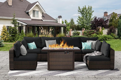 Grezone 7 Piece Patio Furniture Set with 44" Fire Pit Table, Outdoor Sectional Couch, PE Rattan Patio Conversation Sets with 4inch Cushions for Backyard Black (BK)